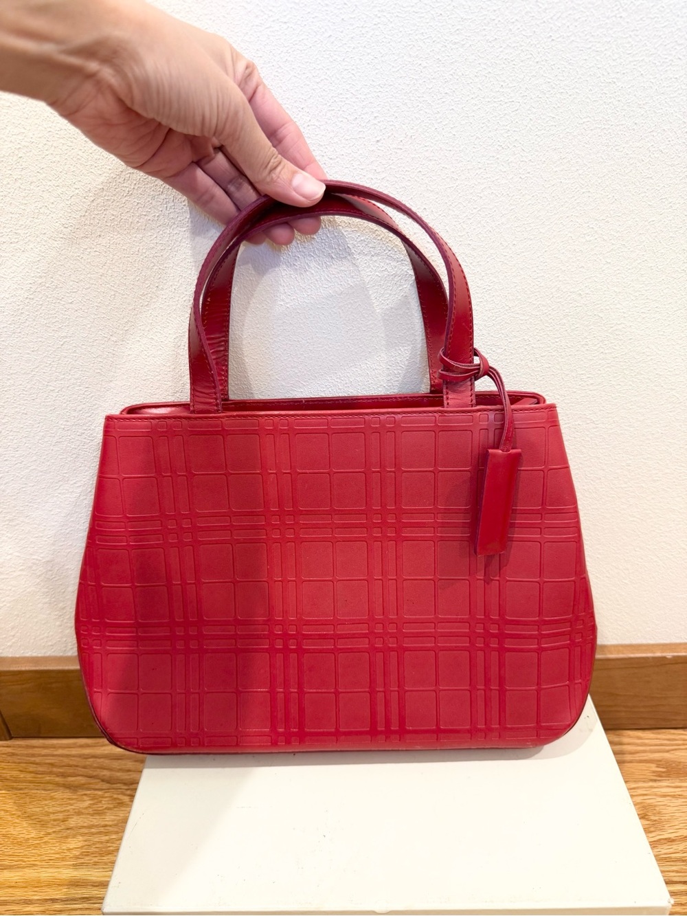 Burberry Embossed Check Leather Tote Bag Red